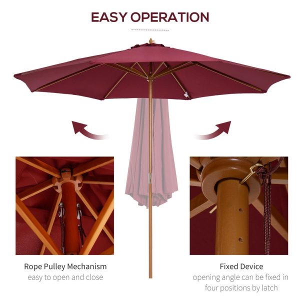Outsunny 3m Fir Wooden Garden Parasol Sun Shade Outdoor Umbrella Canopy Wine Red - Image 4