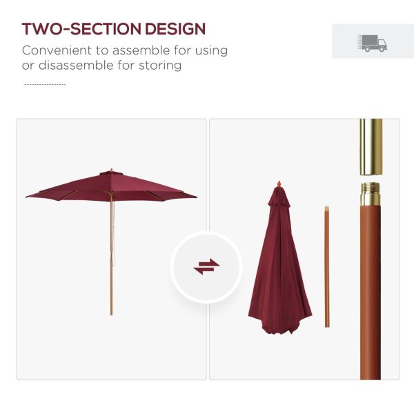 Outsunny 3m Fir Wooden Garden Parasol Sun Shade Outdoor Umbrella Canopy Wine Red - Image 7