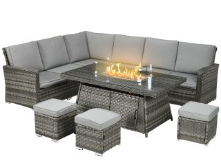 Outsunny 7 Pieces Rattan Garden Furniture Set w/ 50,000 BTU Gas Fire Pit Table
