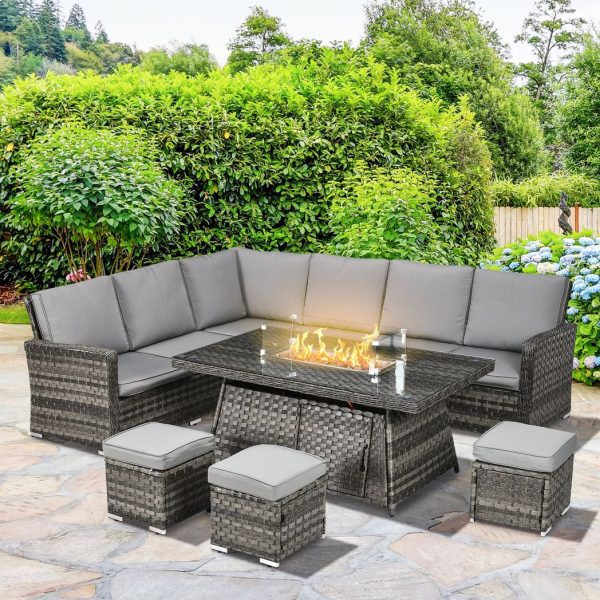 Outsunny 7 Pieces Rattan Garden Furniture Set w/ 50,000 BTU Gas Fire Pit Table - Image 2