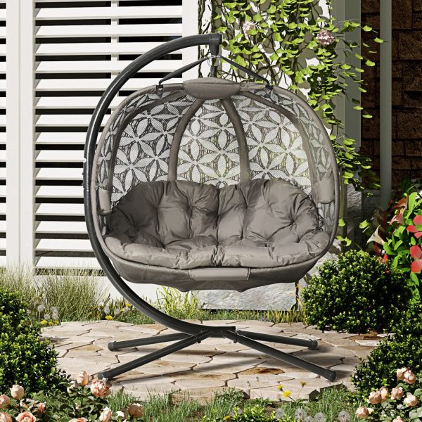 Outsunny Double Hanging Swing Chair  w/ Stand & Cup Holders, Brown - Image 2