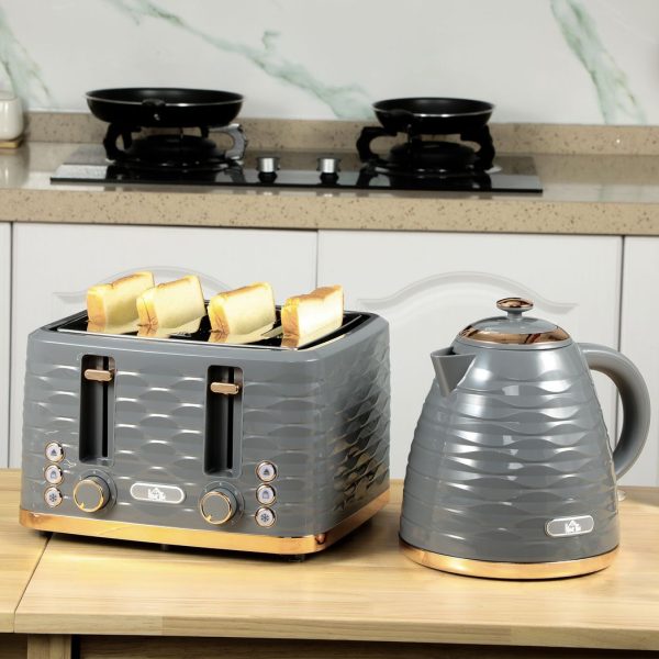 HOMCOM Kettle and Toaster Set 1.7L Rapid Boil Kettle & 4 Slice Toaster Grey - Image 2