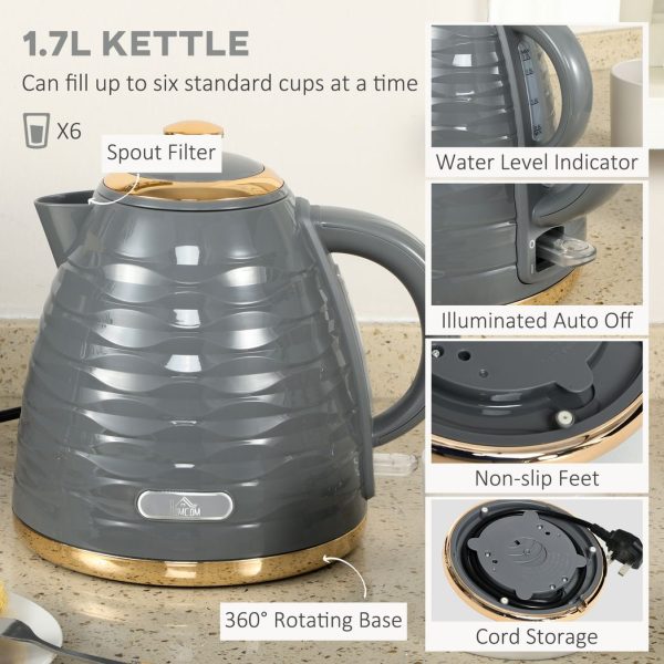 HOMCOM Kettle and Toaster Set 1.7L Rapid Boil Kettle & 4 Slice Toaster Grey - Image 4