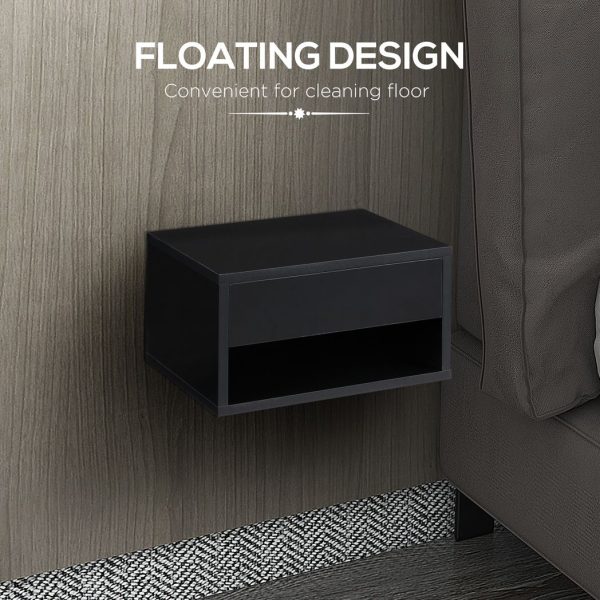 HOMCOM Floating Bedside Table Set of 2 Wall Mounted Nightstand W/ Drawer Black - Image 5