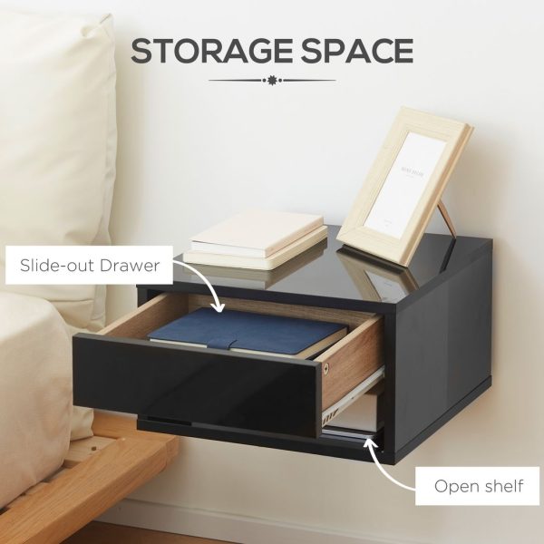HOMCOM Floating Bedside Table Set of 2 Wall Mounted Nightstand W/ Drawer Black - Image 6