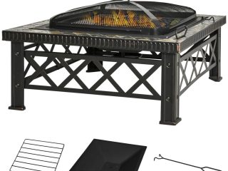 76cm Square Garden Fire Pit Square Table w/ Poker Mesh Cover Log Grate