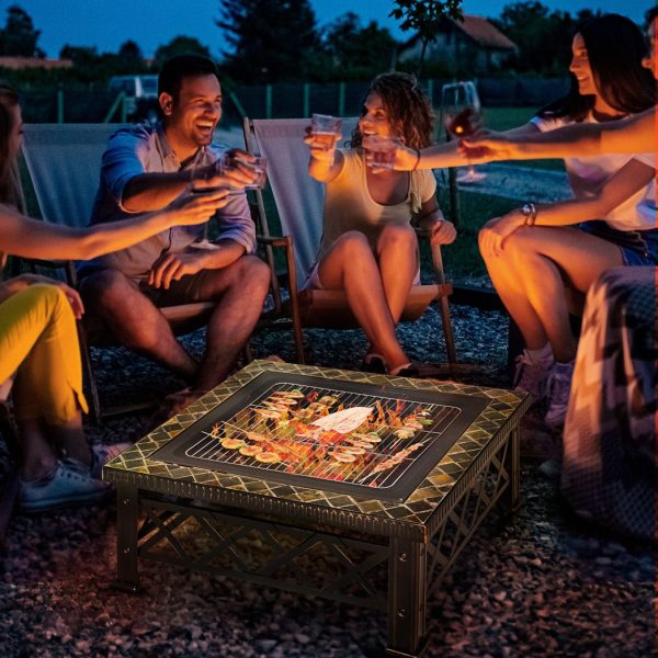 76cm Square Garden Fire Pit Square Table w/ Poker Mesh Cover Log Grate - Image 2