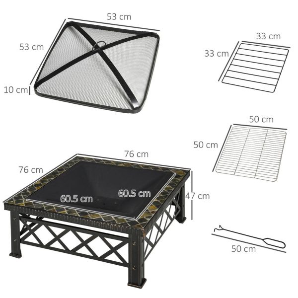 76cm Square Garden Fire Pit Square Table w/ Poker Mesh Cover Log Grate - Image 3