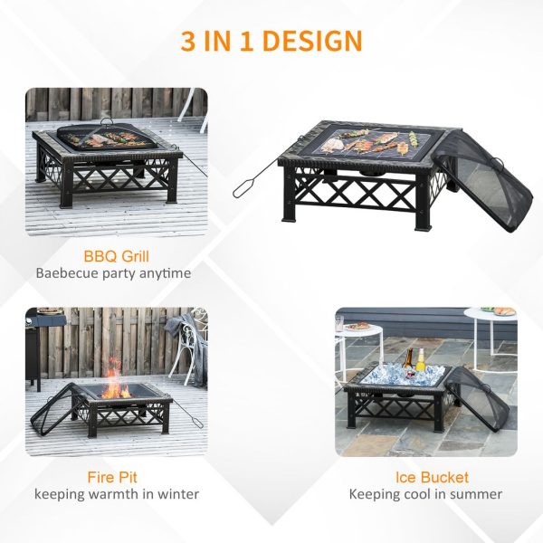 76cm Square Garden Fire Pit Square Table w/ Poker Mesh Cover Log Grate - Image 4