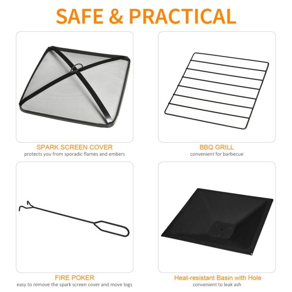 76cm Square Garden Fire Pit Square Table w/ Poker Mesh Cover Log Grate - Image 5