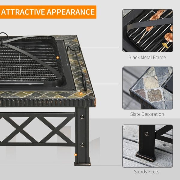 76cm Square Garden Fire Pit Square Table w/ Poker Mesh Cover Log Grate - Image 6