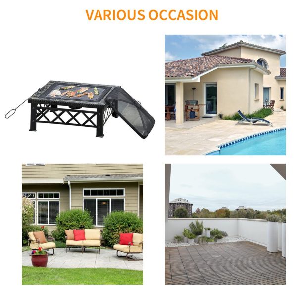 76cm Square Garden Fire Pit Square Table w/ Poker Mesh Cover Log Grate - Image 7