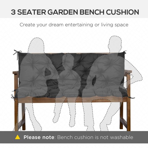 3 Seater Garden Bench Cushion Outdoor Seat Pad with Ties Black - Image 7