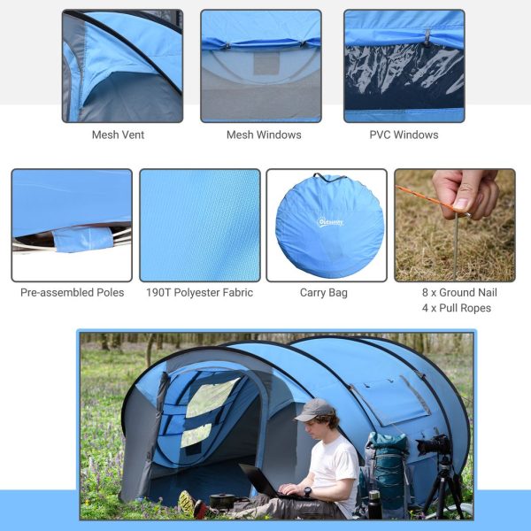 Camping Tent Dome Pop-up Tent with Windows for 4-5 Person Sky Blue - Image 7