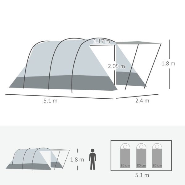 6-8 Person Tunnel Tent, Two-room Camping Tent with Carry Bag, Grey - Image 3