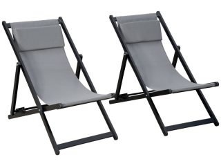 2Pcs Texteline Chaise Lounge Recliner Chair Adjust Lounger Patio Grey