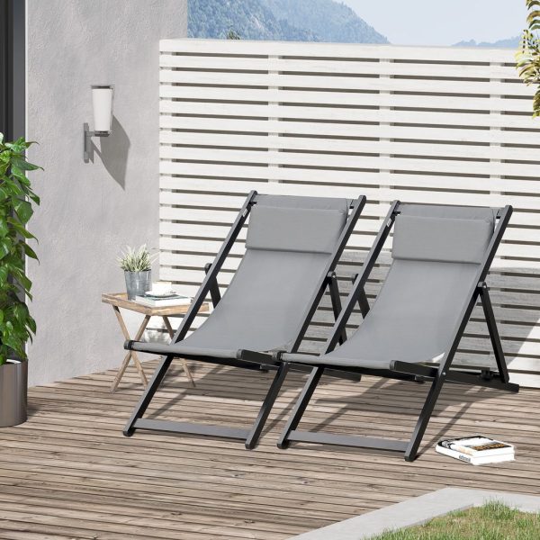 2Pcs Texteline Chaise Lounge Recliner Chair Adjust Lounger Patio Grey - Image 2
