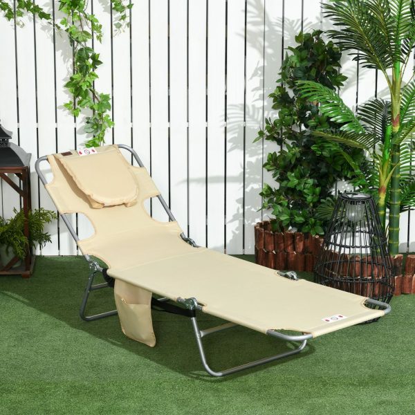 Patio Foldable Sun Lounger 5 Level Adjustable Reclining Chair Beige - Image 2