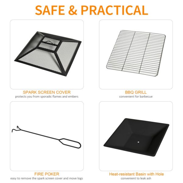 Outsunny 86cm Square Garden Fire Pit Square Table w/ Poker Mesh Cover Log Grate - Image 5