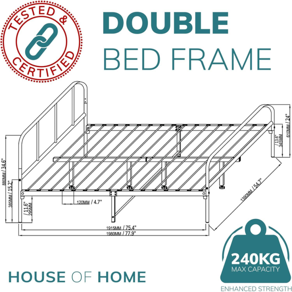 Extra Strong Double Metal Bed Frame with Rounded Head and Foot Board In Black - Improved - Image 4