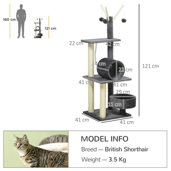 121cm Cat Tree Tower w/Sisal Scratching Posts Bed Tunnel Perch Grey - Image 3