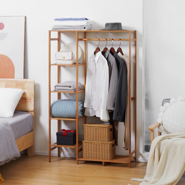 Bamboo Clothes Rail Garment Rack with 6 Tier Storage Shelf Hanging Rod - Image 2