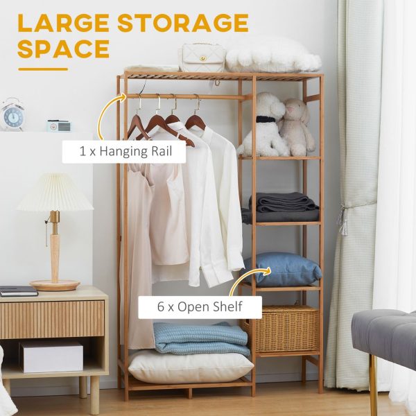 Bamboo Clothes Rail Garment Rack with 6 Tier Storage Shelf Hanging Rod - Image 4