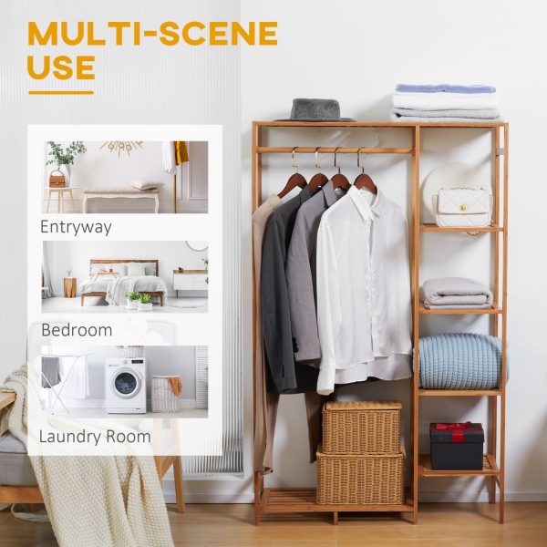 Bamboo Clothes Rail Garment Rack with 6 Tier Storage Shelf Hanging Rod - Image 6