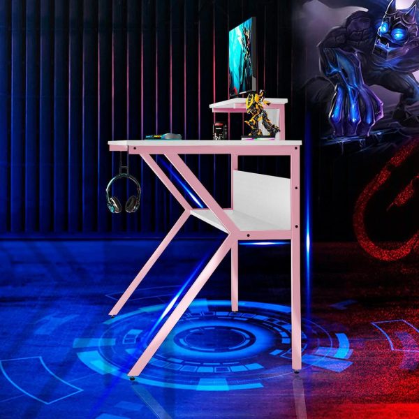 Neo Pink Ergonomic 2 Tier Gaming Computer Office Desk - Image 2