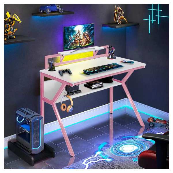 Neo Pink Ergonomic 2 Tier Gaming Computer Office Desk - Image 3
