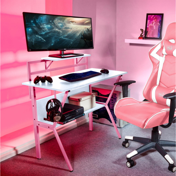 Neo Pink Ergonomic 2 Tier Gaming Computer Office Desk - Image 5