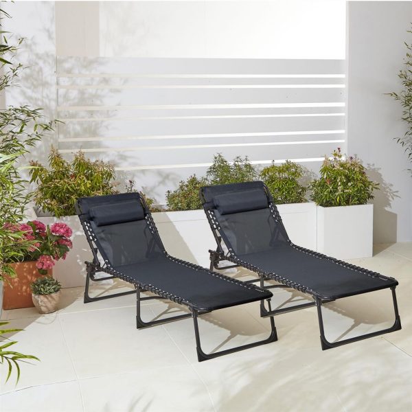 Two Neo Black Outdoor Folding Garden Sun Lounger - Image 2