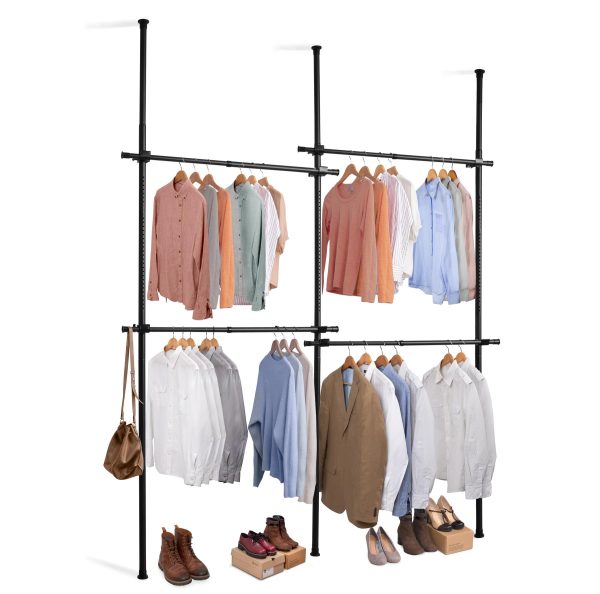 Double Black Telescopic Wardrobe Organiser Hanging Rail Clothes Rack Adjustable Storage Shelving - Image 3
