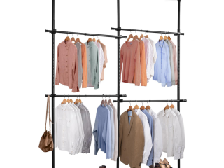 Double Black Telescopic Wardrobe Organiser Hanging Rail Clothes Rack Adjustable Storage Shelving