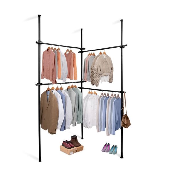 Double Black Telescopic Wardrobe Organiser Hanging Rail Clothes Rack Adjustable Storage Shelving - Image 2