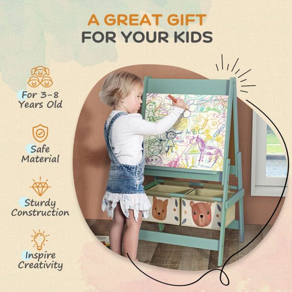 AIYAPLAY Kids Easel with Paper Roll, Blackboard, Whiteboard, Storage, Green - Image 6