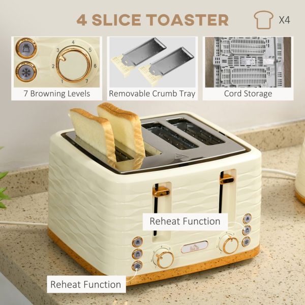 HOMCOM Kettle and Toaster Set 1.7L Rapid Boil Kettle & 4 Slice Toaster Beige - Image 5