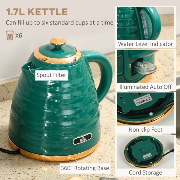 HOMCOM Kettle and Toaster Set 1.7L Rapid Boil Kettle & 4 Slice Toaster Green - Image 4