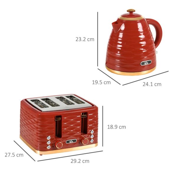 HOMCOM Kettle and Toaster Set 1.7L Rapid Boil Kettle & 4 Slice Toaster Red - Image 3