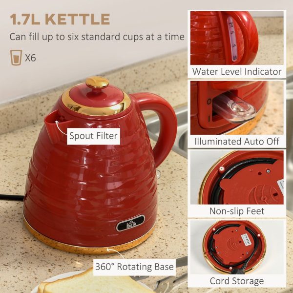 HOMCOM Kettle and Toaster Set 1.7L Rapid Boil Kettle & 4 Slice Toaster Red - Image 4