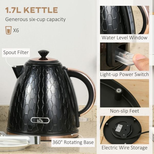 HOMCOM 1.7L Kettle and Toaster Set with Defrost, Reheat and Crumb Tray, Black - Image 4
