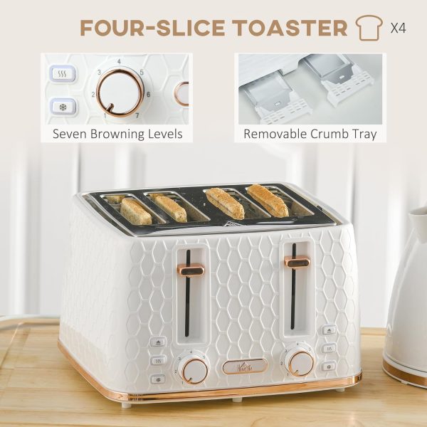 HOMCOM 1.7L Kettle and Toaster Set with Defrost, Reheat and Crumb Tray, White - Image 2