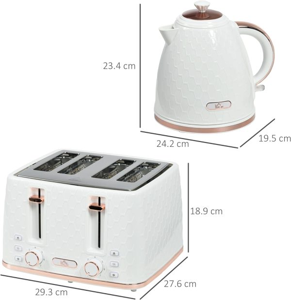 HOMCOM 1.7L Kettle and Toaster Set with Defrost, Reheat and Crumb Tray, White - Image 3