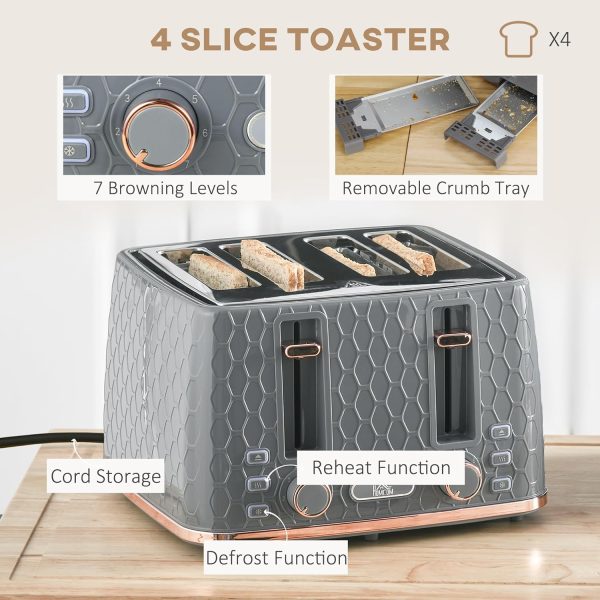 HOMCOM 1.7L Kettle and Toaster Set with Defrost, Reheat and Crumb Tray, Grey - Image 3
