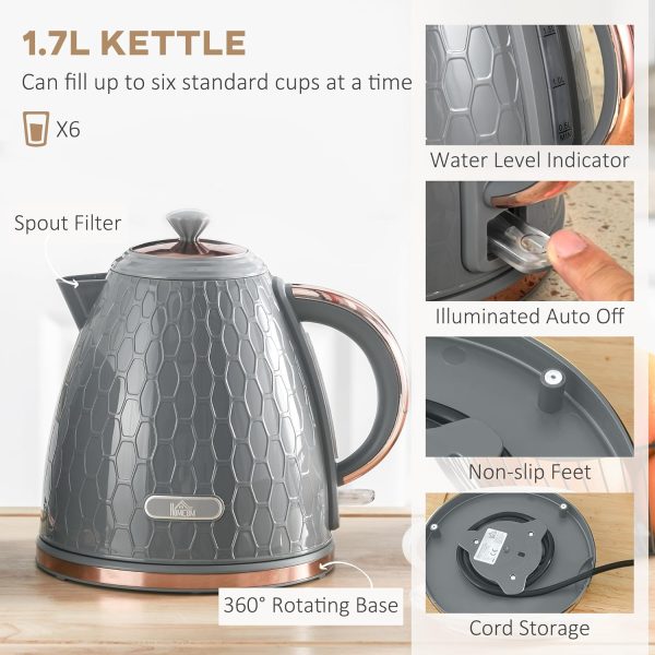 HOMCOM 1.7L Kettle and Toaster Set with Defrost, Reheat and Crumb Tray, Grey - Image 4