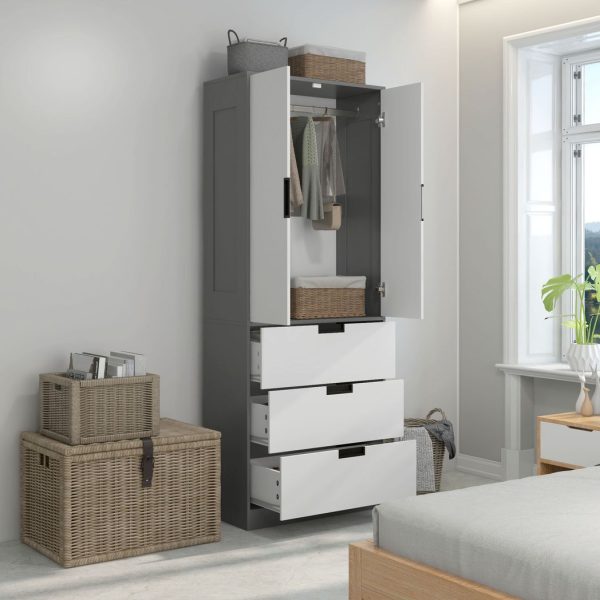 HOMCOM 2 Door Wardrobe Grey Wardrobe with 3 Drawer and Hanging Rod for Bedroom - Image 2