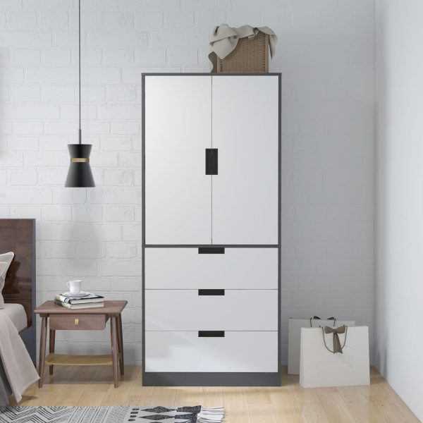 HOMCOM 2 Door Wardrobe Grey Wardrobe with 3 Drawer and Hanging Rod for Bedroom - Image 7
