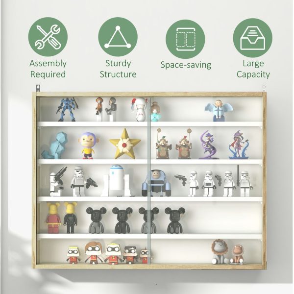 HOMCOM 5-Tier Wall Display Shelf Unit Cabinet w/ Shelves Glass Doors Natural - Image 6