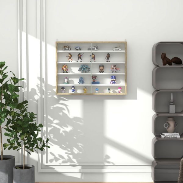 HOMCOM 5-Tier Wall Display Shelf Unit Cabinet w/ Shelves Glass Doors Natural - Image 8