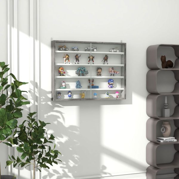 HOMCOM 5-Tier Wall Display Shelf Unit Cabinet w/ Shelves Glass Doors Grey Wood - Image 2